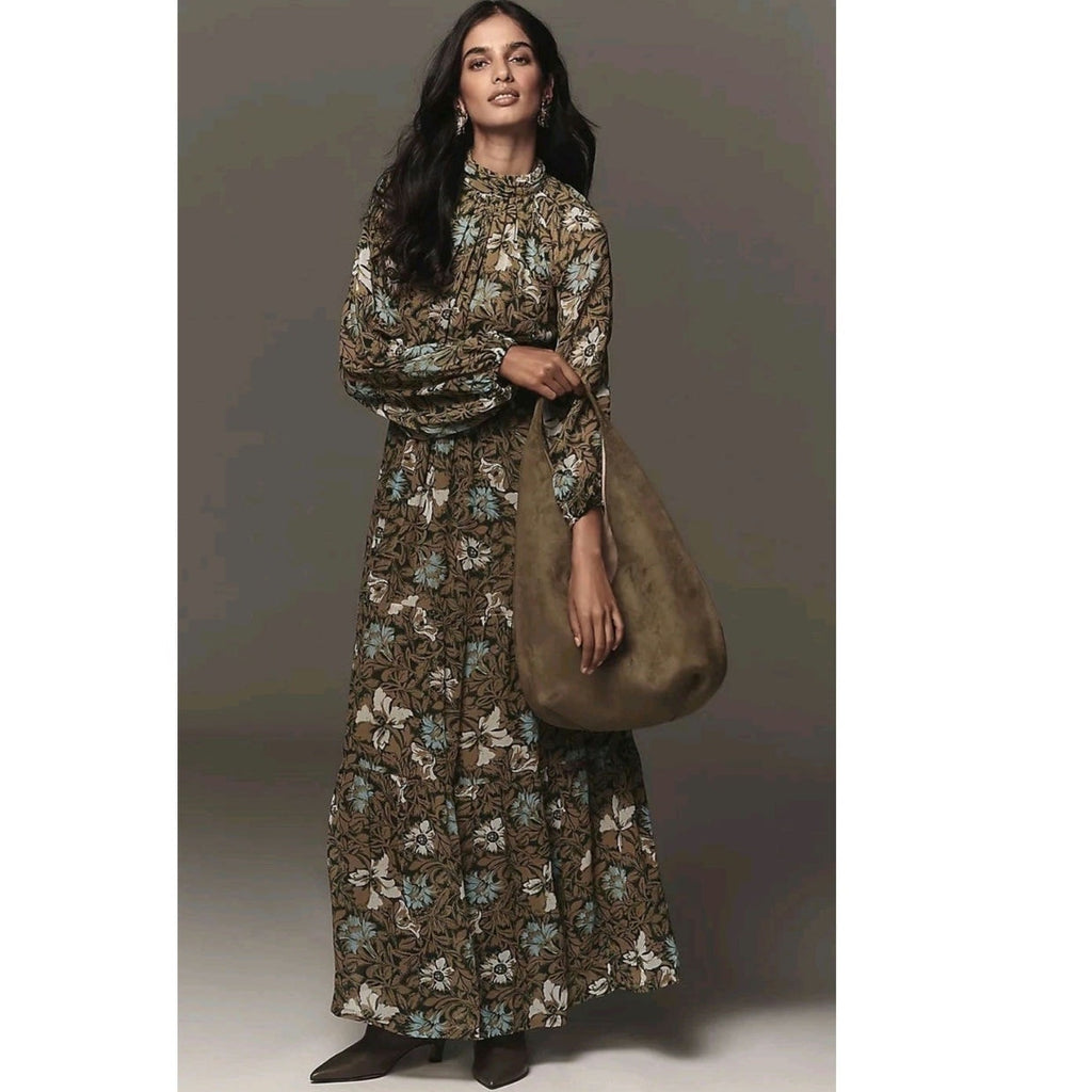 Chiffon maxi dress with mock neck and long sleeves, brown and green floral print