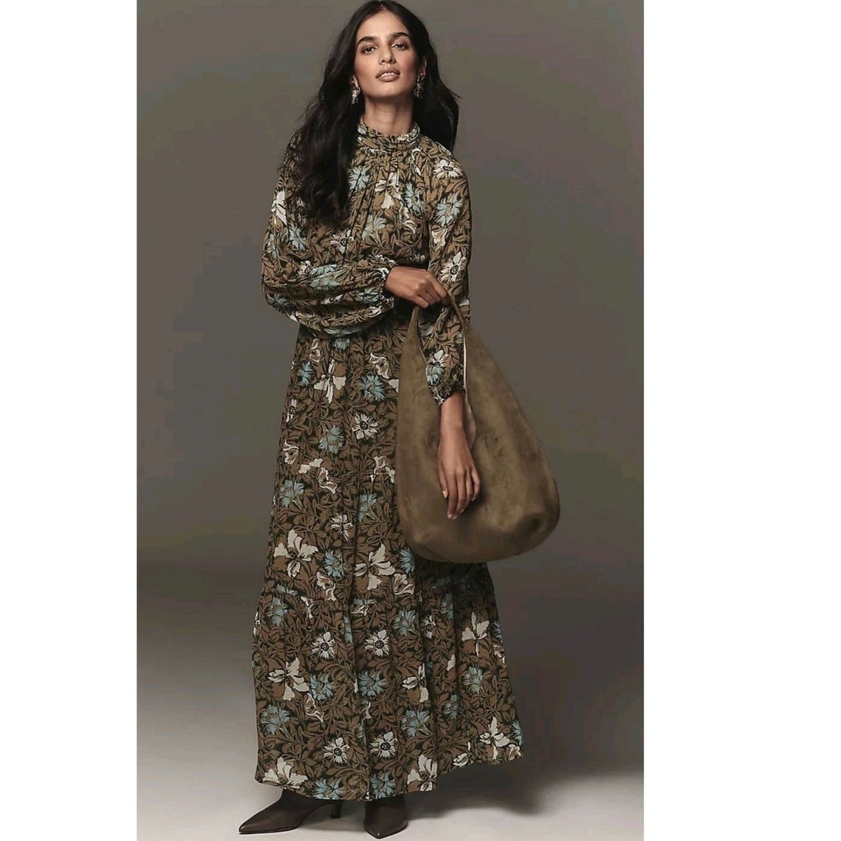 Chiffon maxi dress with mock neck and long sleeves, brown and green floral print