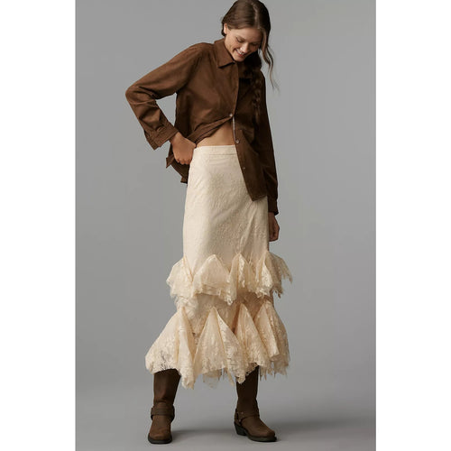 Cream lace tiered midi skirt with ruffled layers and textured eyelet floral pattern
