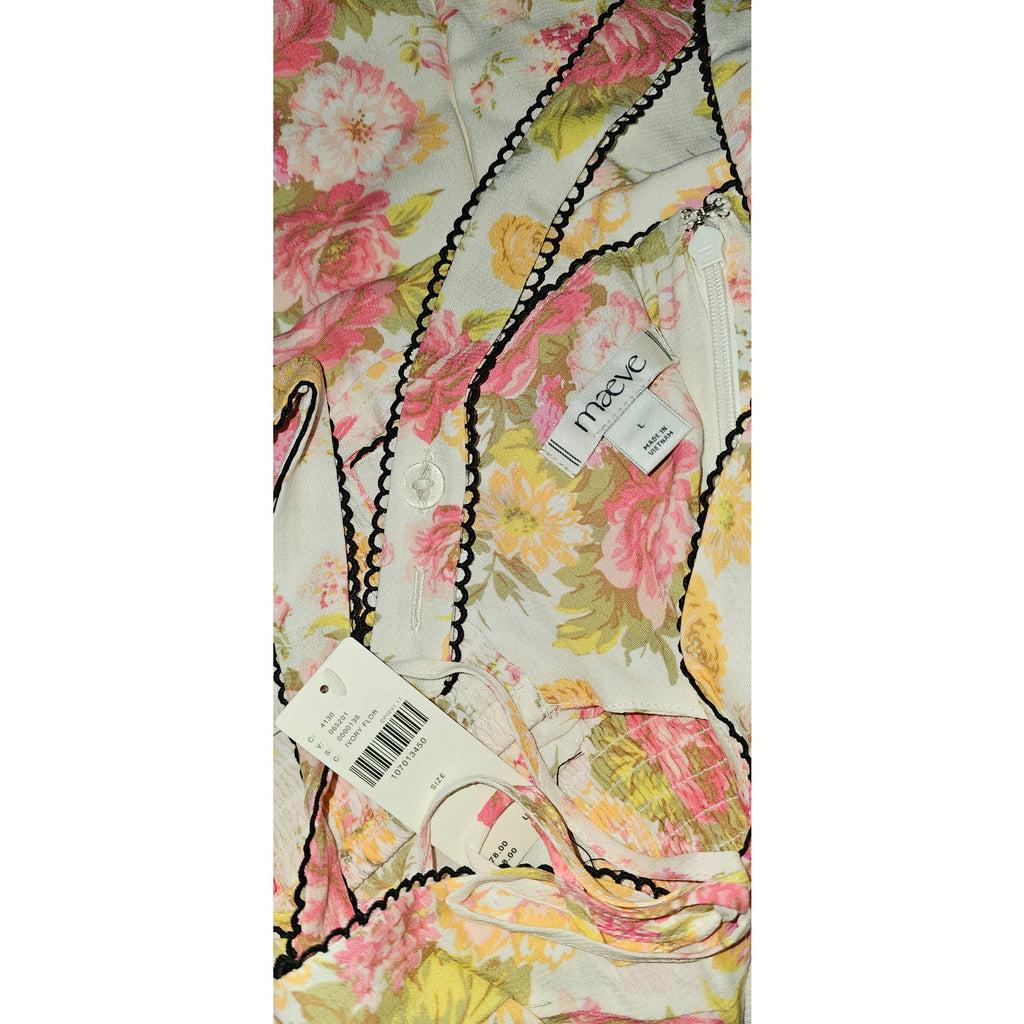 Anthropologie Maeve Sweetheart Printed Midi Dress LARGE Ivory & Pink Anthropologie