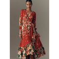 Anthropologie Farm Rio Long-Sleeve Floral Wrap Midi Dress X-SMALL Red FARM Rio