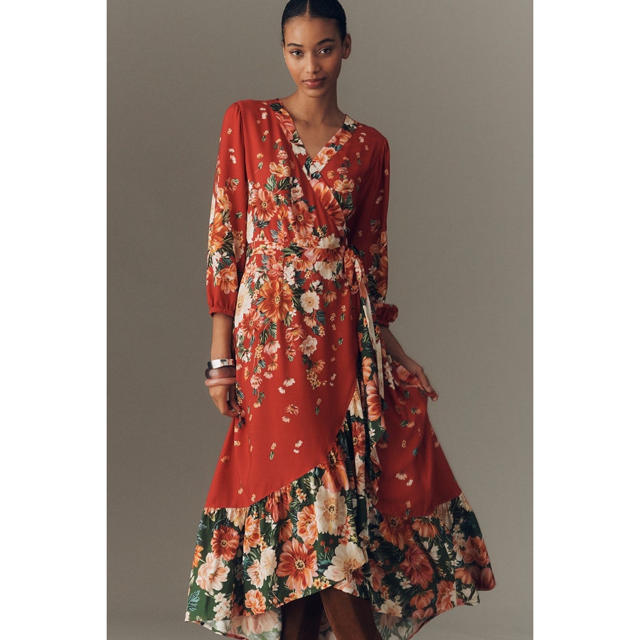 Anthropologie Farm Rio Long-Sleeve Floral Wrap Midi Dress X-SMALL Red FARM Rio