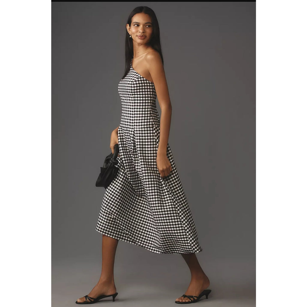 New By Anthropologie One-Shoulder Gingham Midi Dress $168 X-SMALL Black