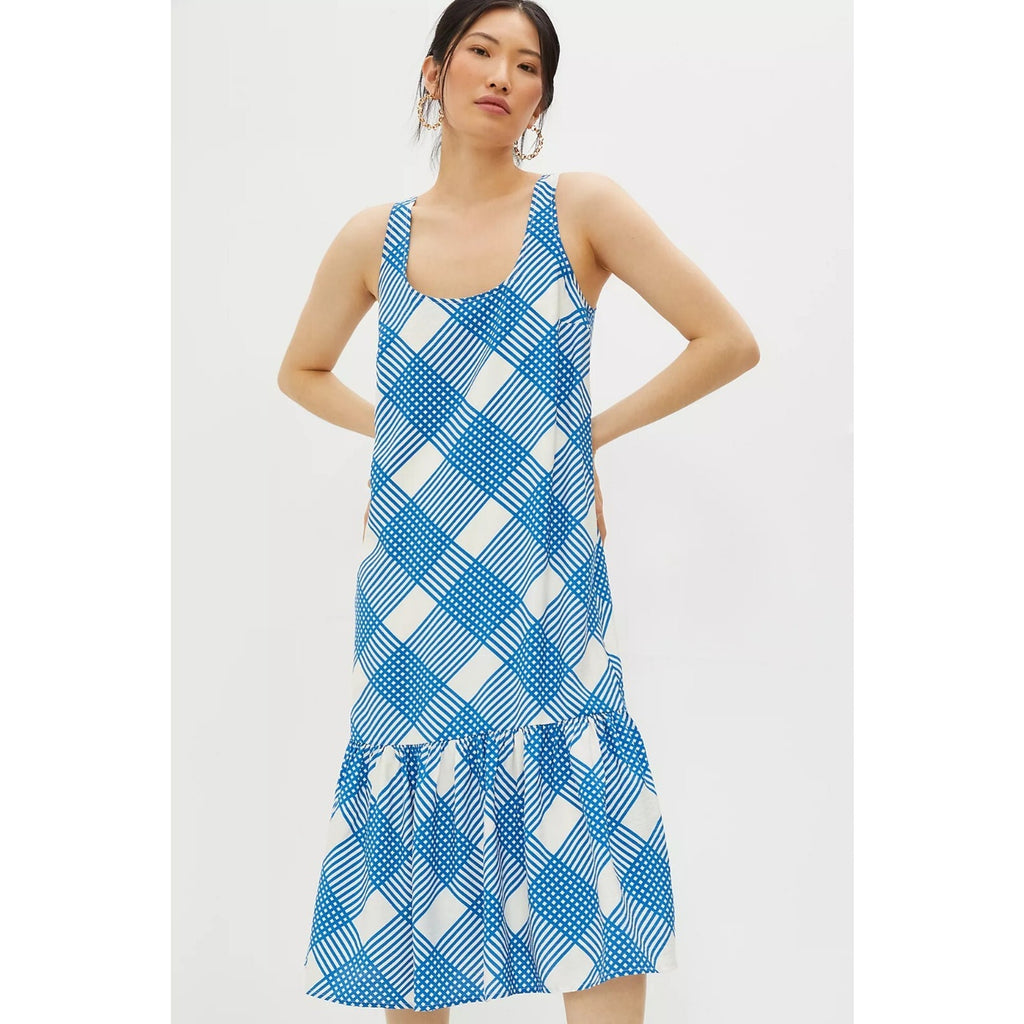 NEW Anthropologie Michaela Flounced Polka Dot Maxi Dress Size Medium $148 Blue