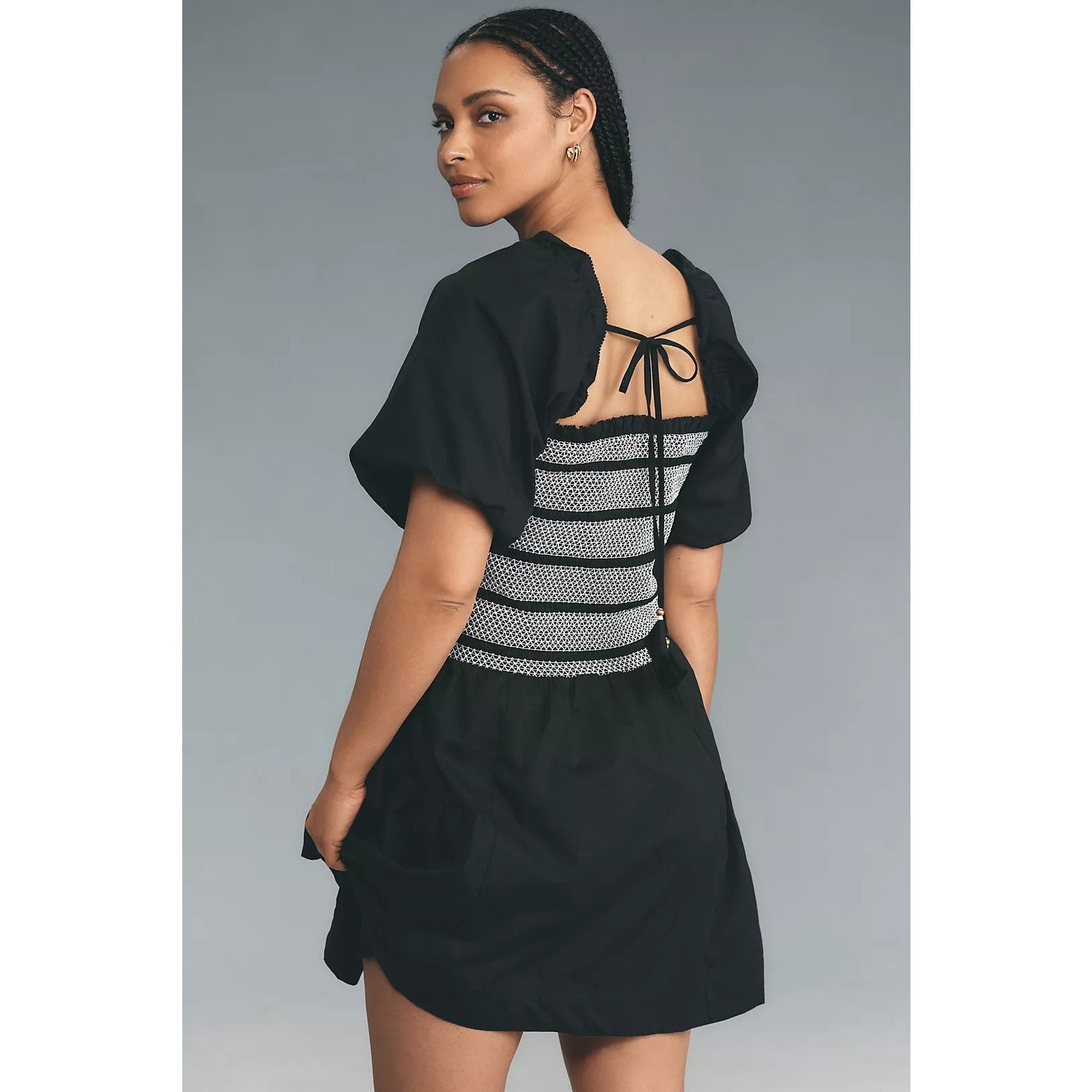 By Anthropologie Puff-Sleeve Square-Neck Smocked Mini Dress SMALL Black Anthropologie