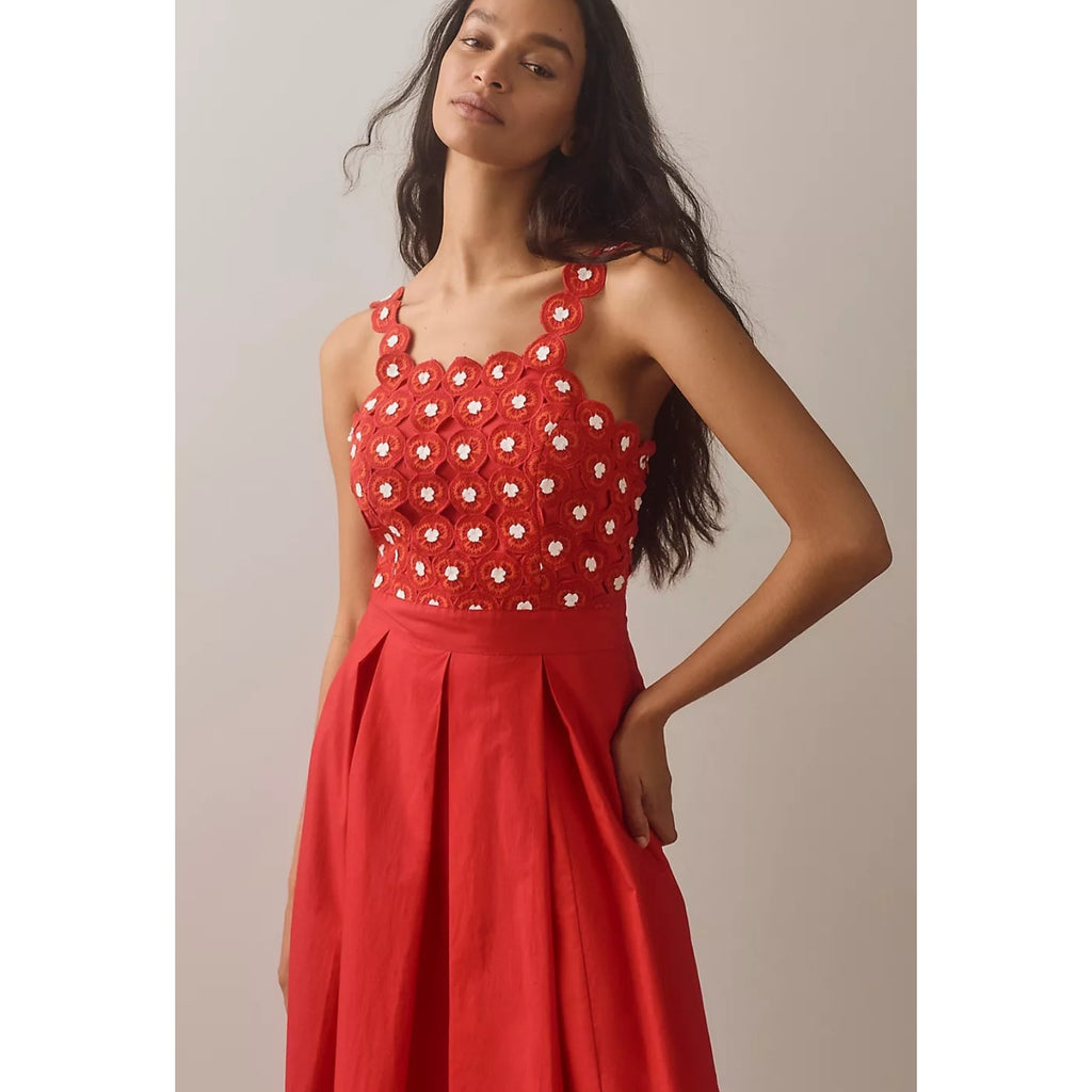 Anthropologie Maeve Crochet Halter Poplin Midi Dress $228 SIZE 12 Red