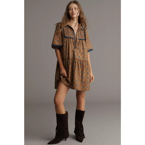 Brown short-sleeve tunic shirt dress with blue border, button front, and gathered hem