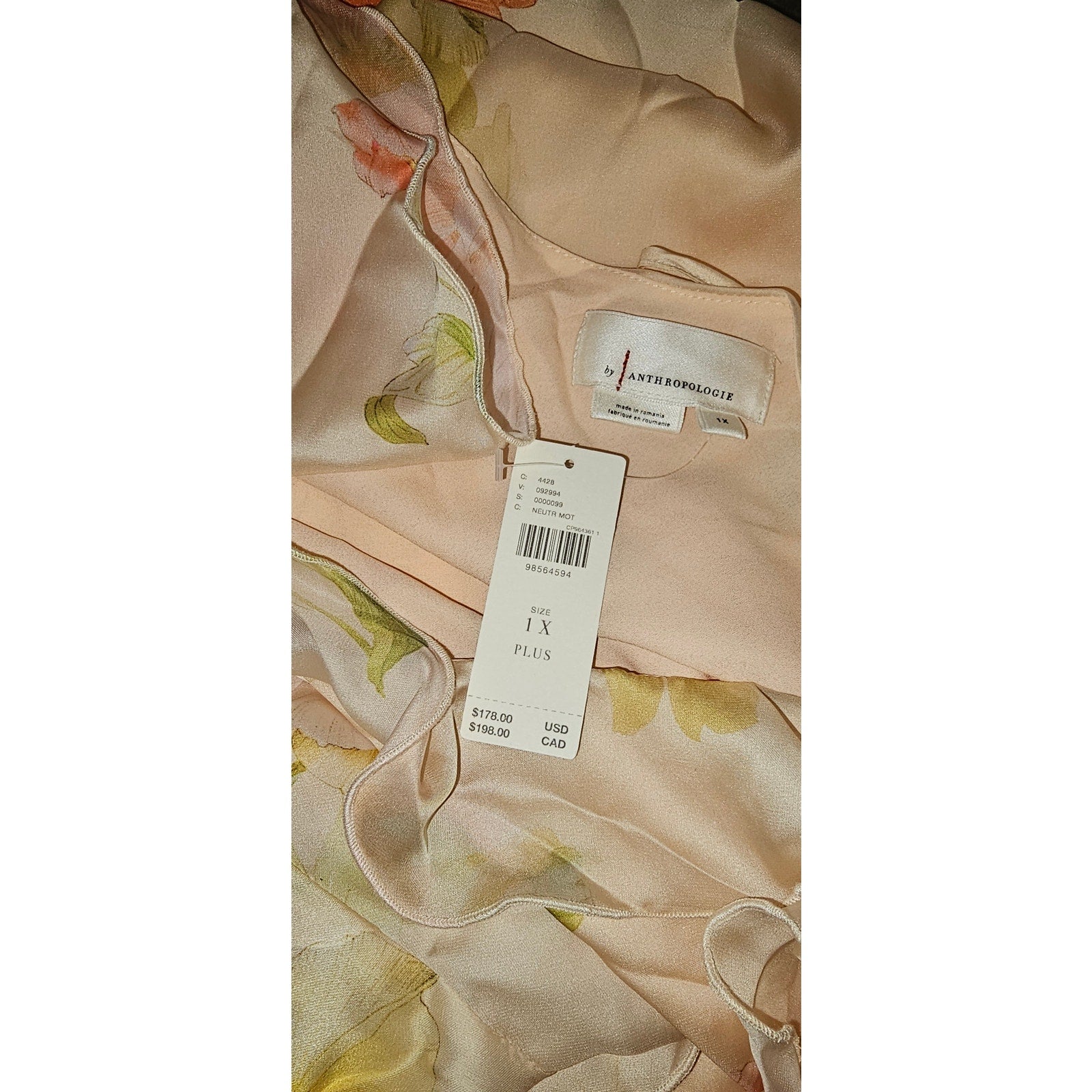 Anthropologie Asymmetric Scarf Slip Dress PLUS 1X Neutral Floral Motif Anthropologie