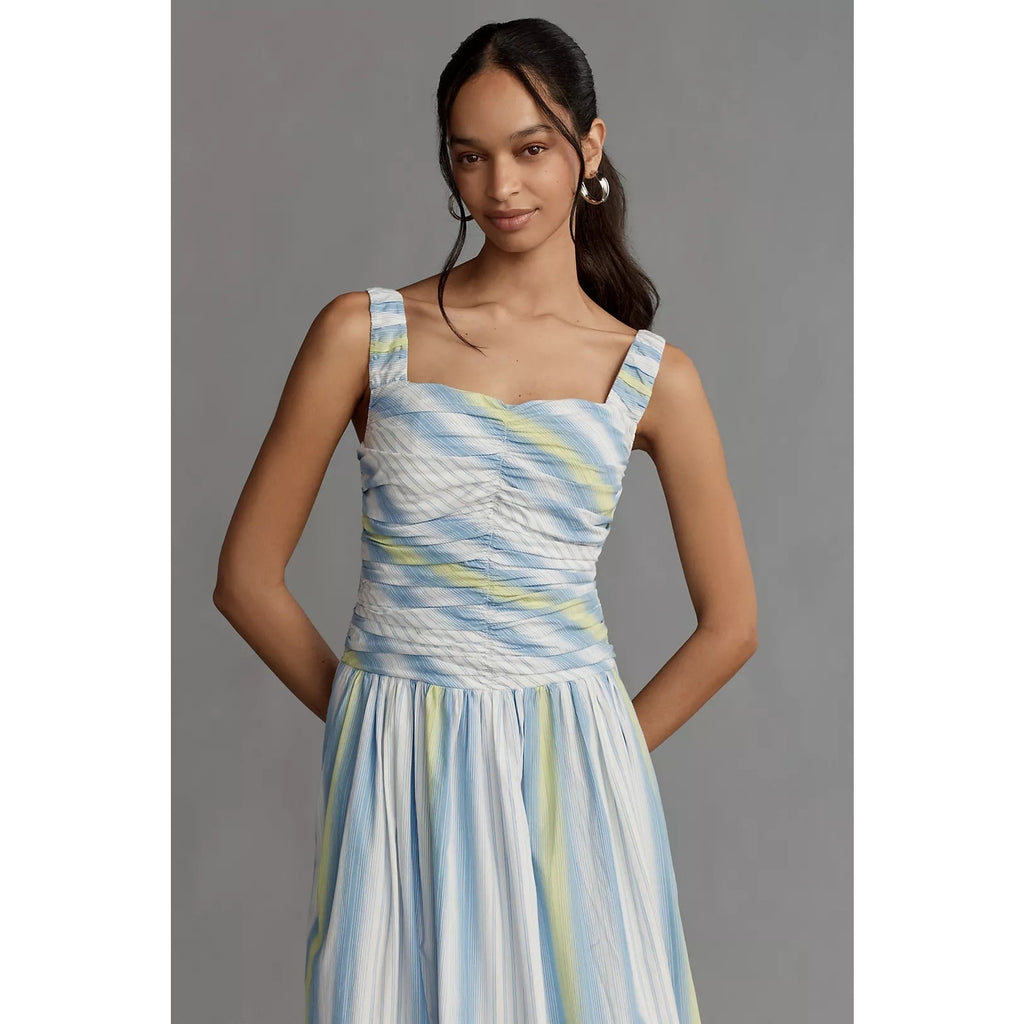 By Anthropologie Square-Neck Drop-Waist Maxi Dress MEDIUM Blue Anthropologie