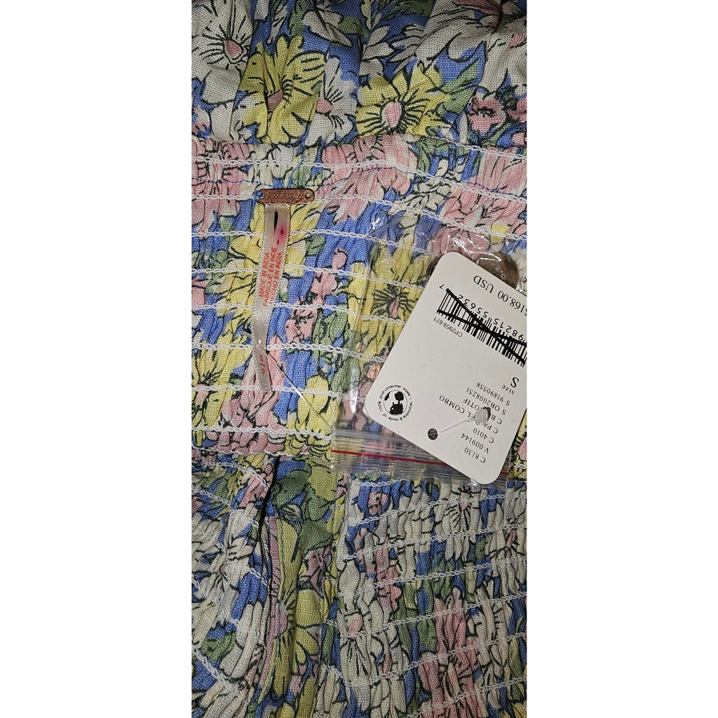 FREE PEOPLE Lewis Maxi Dress SMALL Blue Pastel Combo SMOCKED Free People
