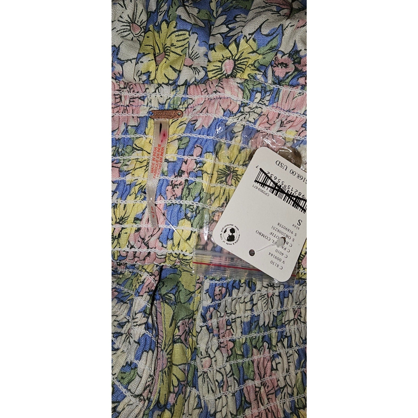 FREE PEOPLE Lewis Maxi Dress SMALL Blue Pastel Combo SMOCKED Free People