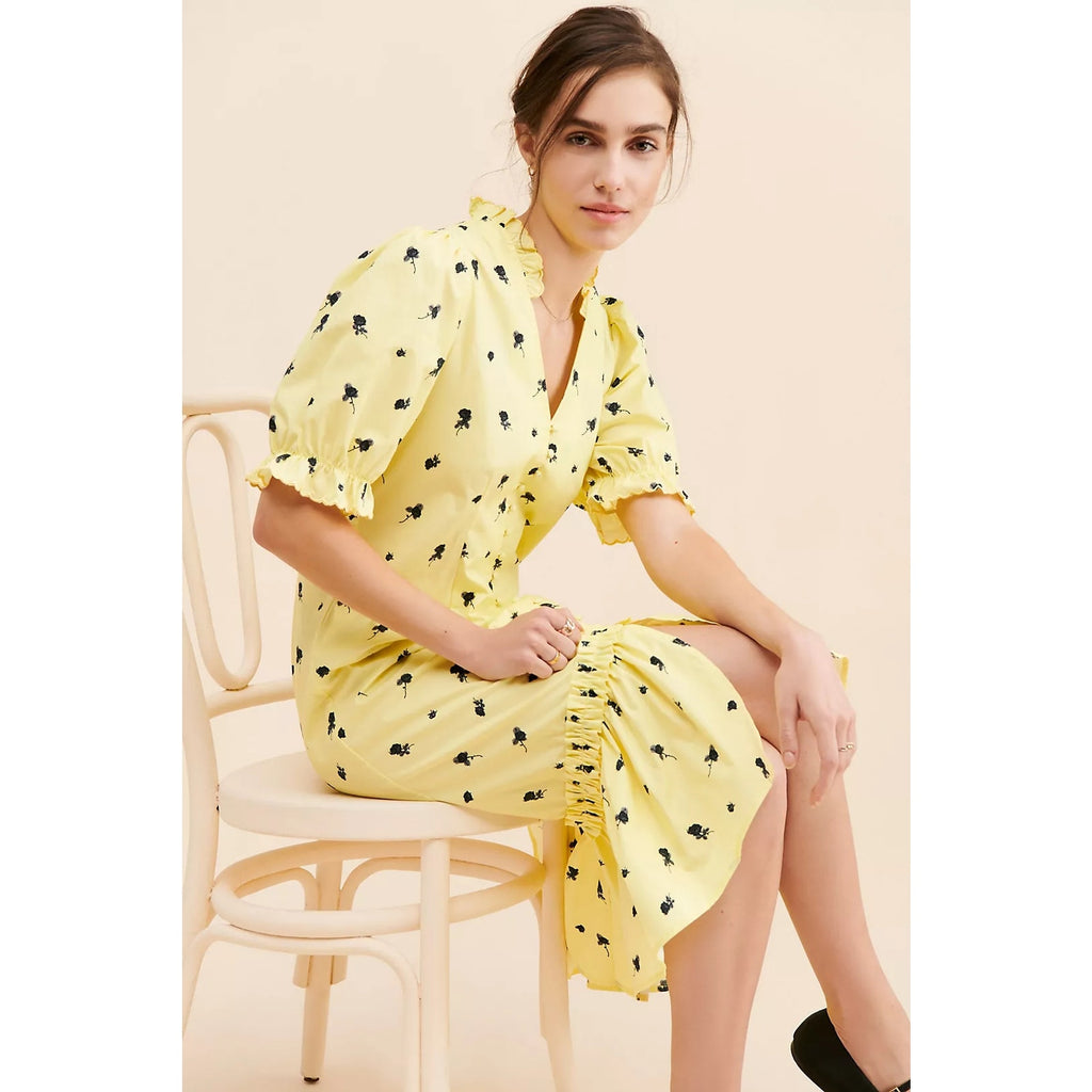 New Anthropologie CRAS Tuva Floral Midi Dress $269 SMALL 36 Yellow High-low Hem