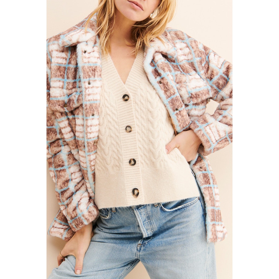 Free People Hutch Plaid Faux Fur Shirt Jacket