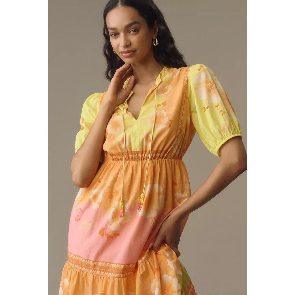New Farm Rio x Anthropologie Short-Sleeve Tiered Midi Dress $238 XXS Yellow