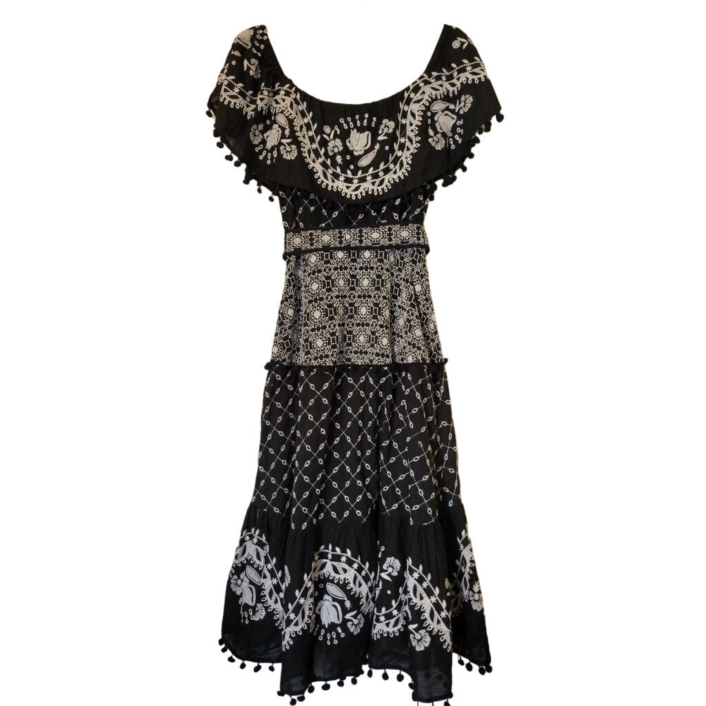 New Anthropologie Marisol Off the Shoulder Embroidered Midi Dress $230 B&W Sz 4