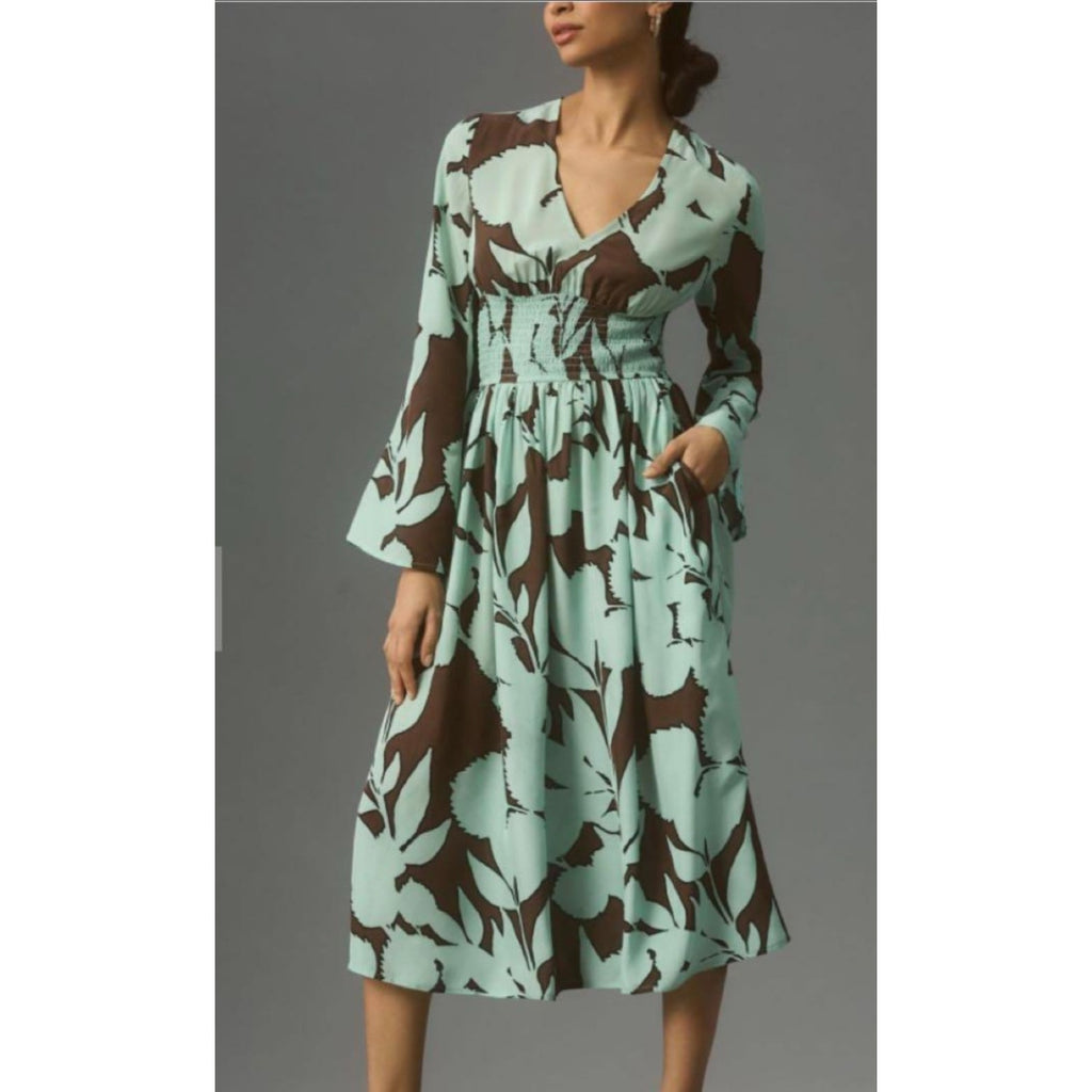 New Anthropologie DHRUV KAPOOR Long Sleeve V-Neck Maxi Dress $248 MEDIUM Brown