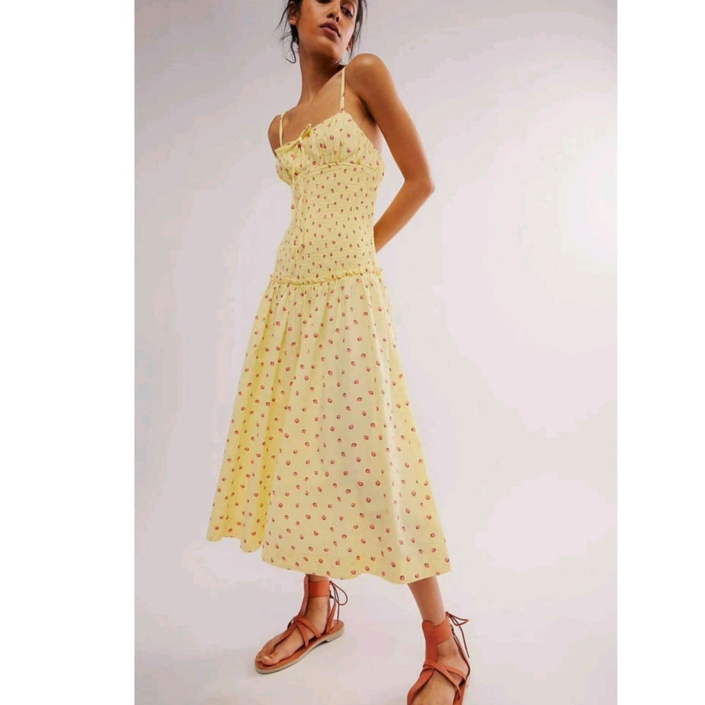 FREE PEOPLE Lavender Daze Dress MIDI LARGE Yellow Strawberry Free People