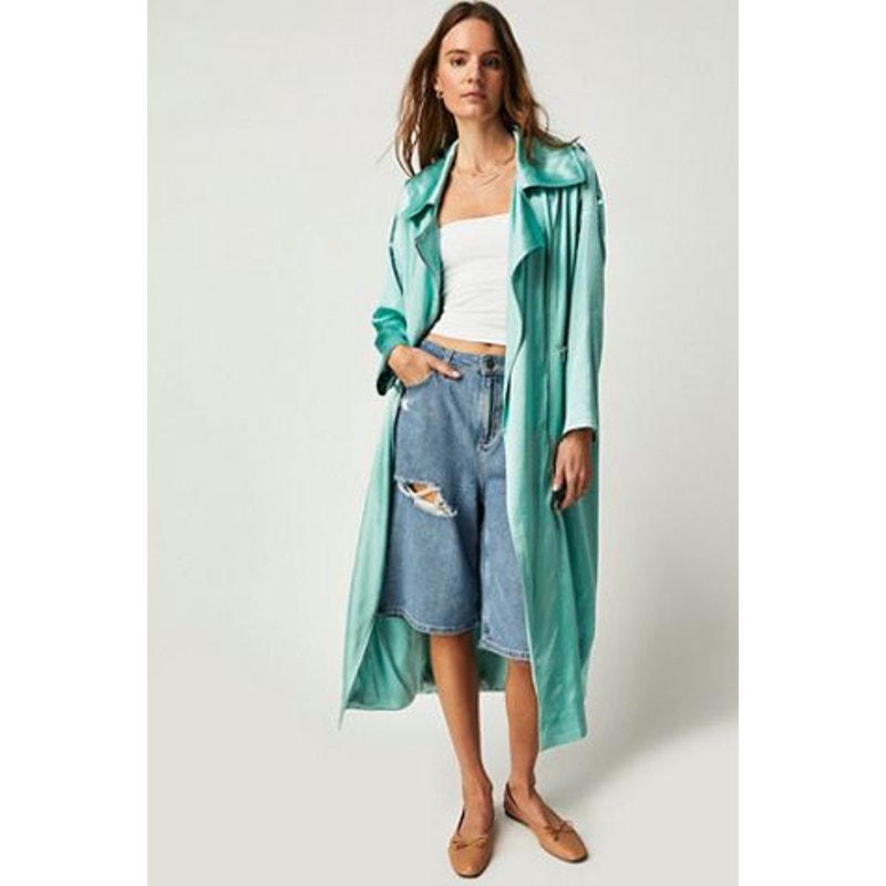 New Brenda Knight x Free People Turquoise Satin Moto Trench Coat $428 Size Small