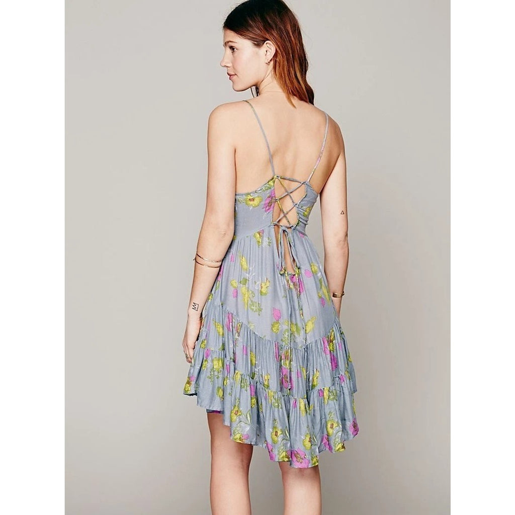 New Free People Gray Circle of Flowers Lace Up Floral Boho Mini Slip Dress XS