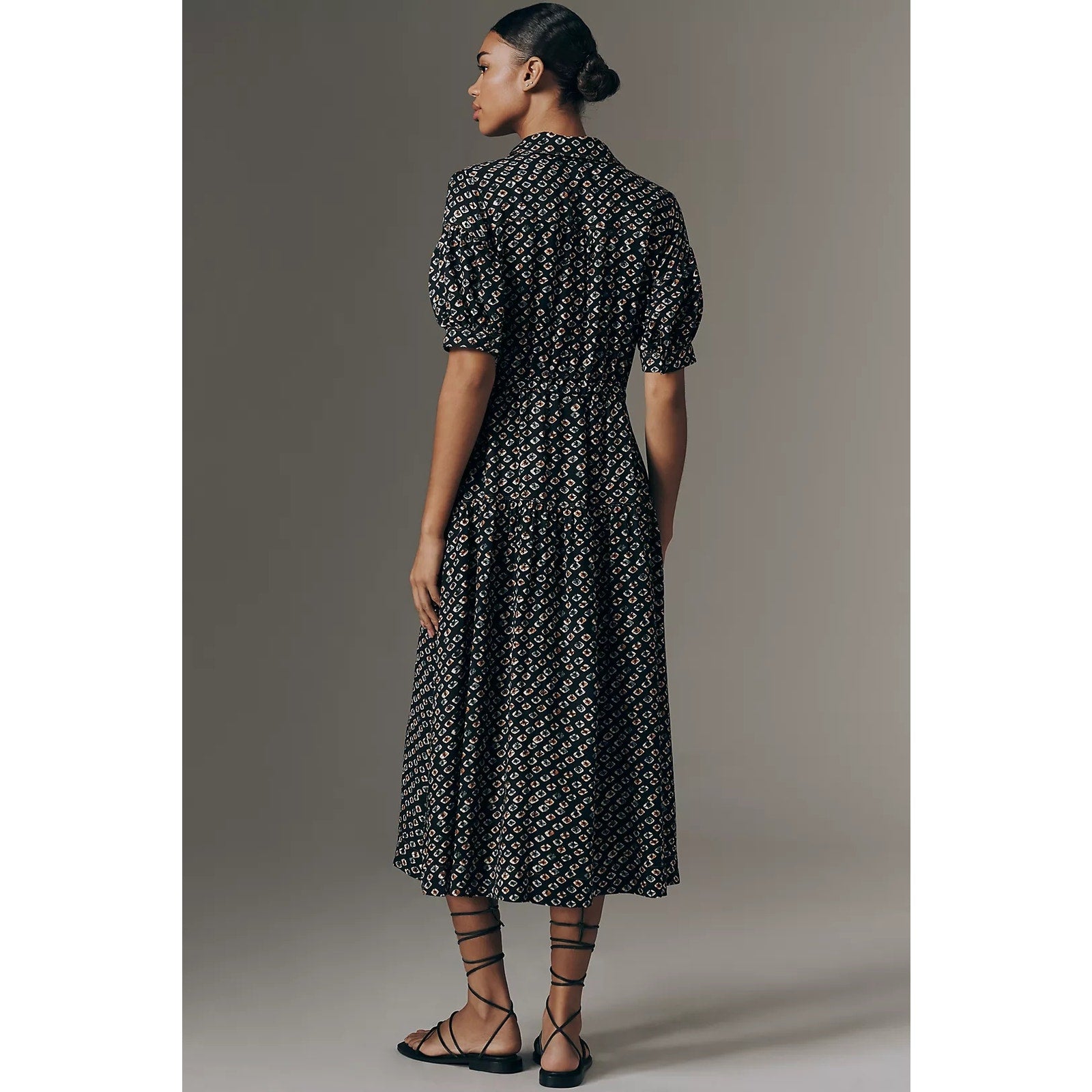 Black abstract geo shirtdress back view with short puff sleeves
