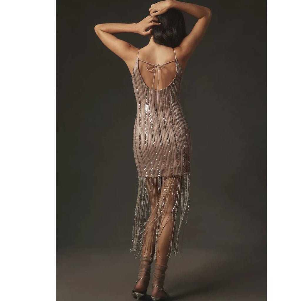 New Anthropologie Maeve Scoop-Neck Beaded Fringe Midi Dress $268 SIZE 14P Mauve