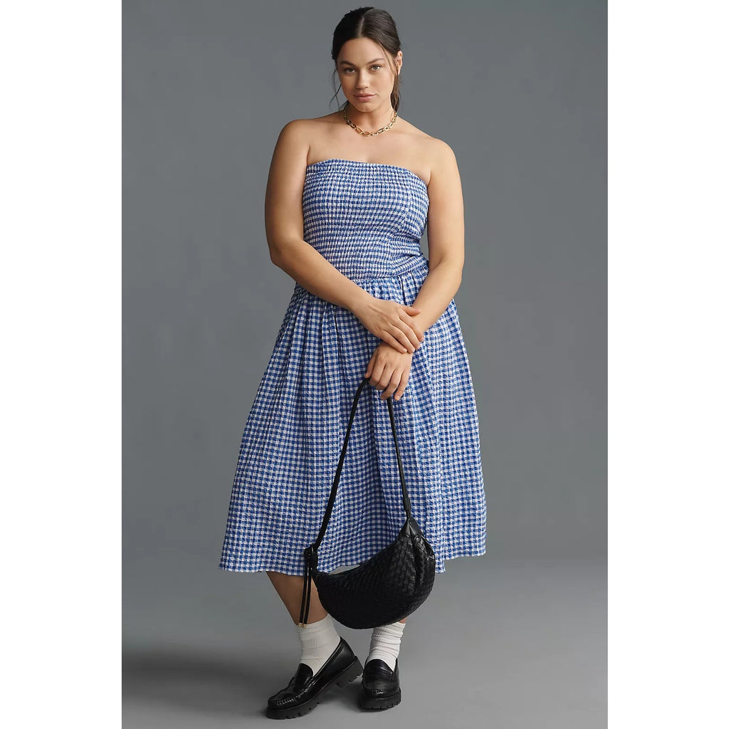 Anthropologie Maeve Strapless Smocked Midi Dress PLUS 2X Blue Gingham Anthropologie