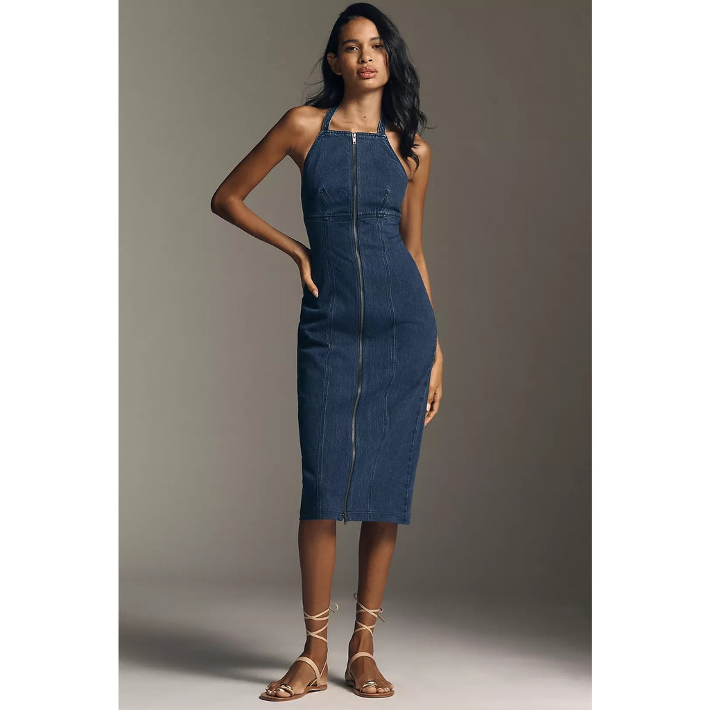 New Anthropologie Pilcro Zip-Front Denim Halter Midi Dress $168 MEDIUM Dark Blue Anthropologie