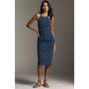Anthropologie Pilcro Zip-Front Denim Halter Midi Dress MEDIUM Dark Blue