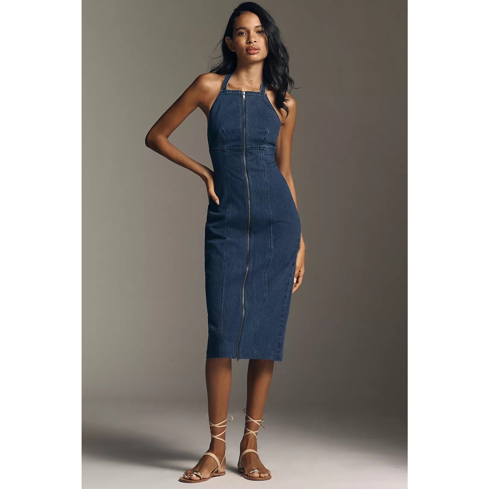 New Anthropologie Pilcro Zip-Front Denim Halter Midi Dress $168 MEDIUM Dark Blue Anthropologie