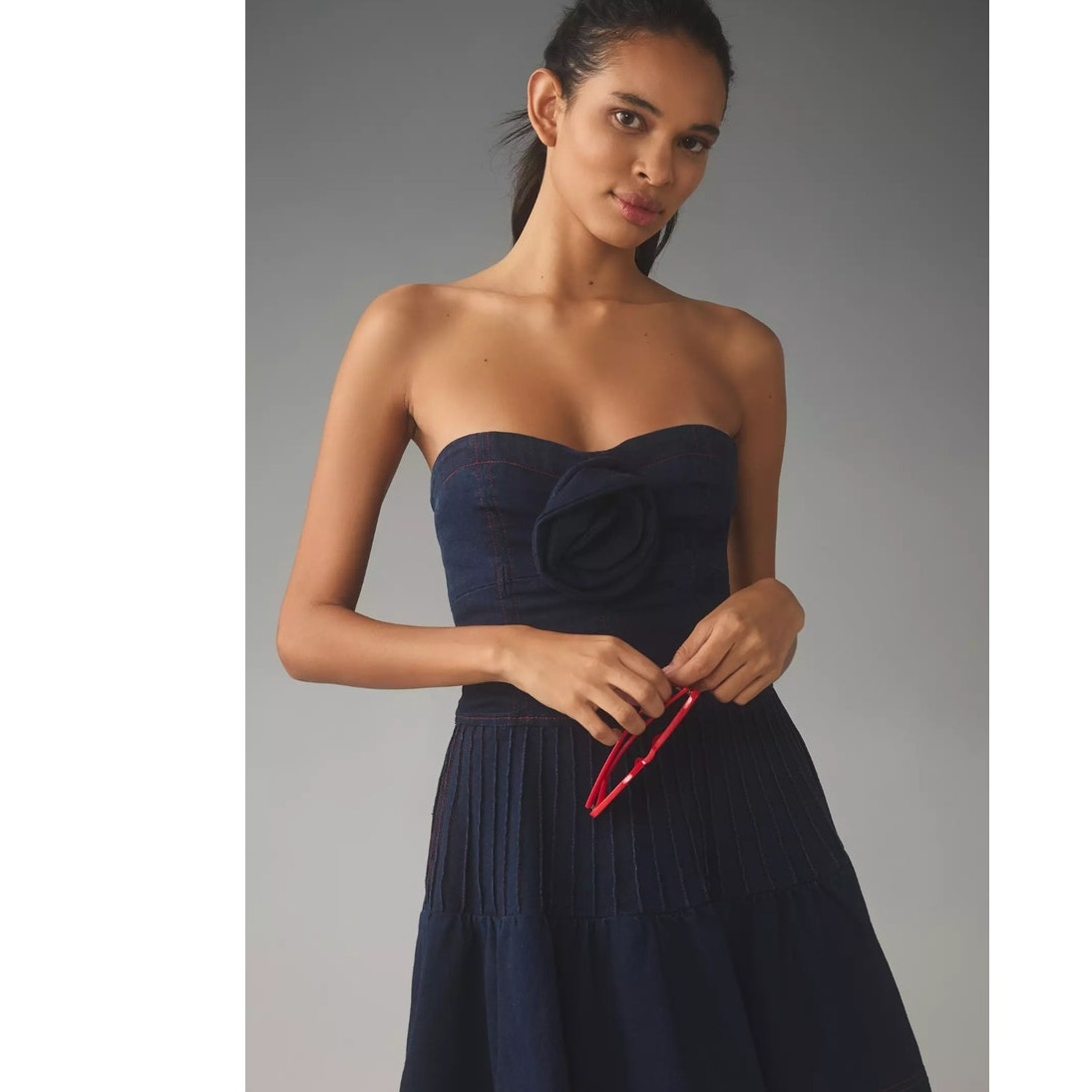 Anthropologie Maeve Rosette Strapless Fit & Flare Denim Mini Dress $168 Sz 2
