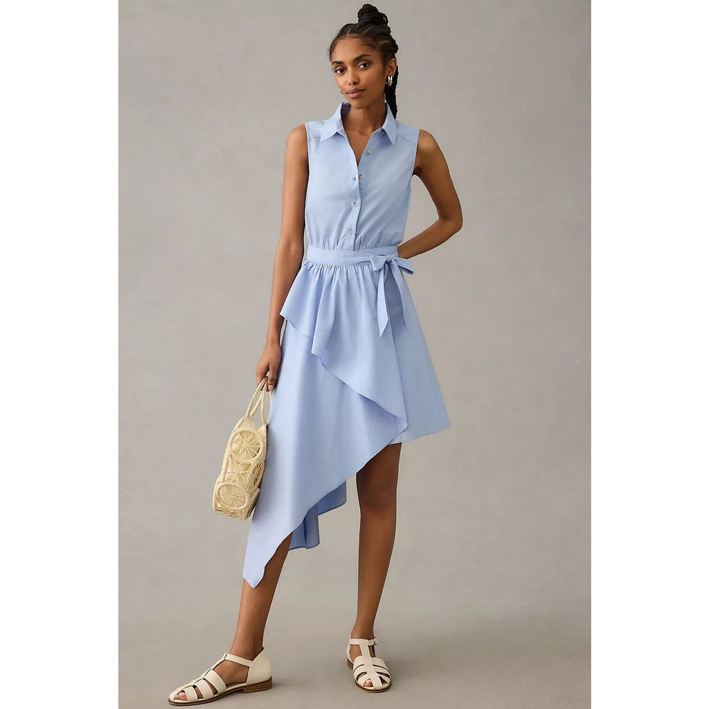 New Anthropologie Maeve Asymmetrical Sleeveless Shirt Dress $160 26W Sky - Blue