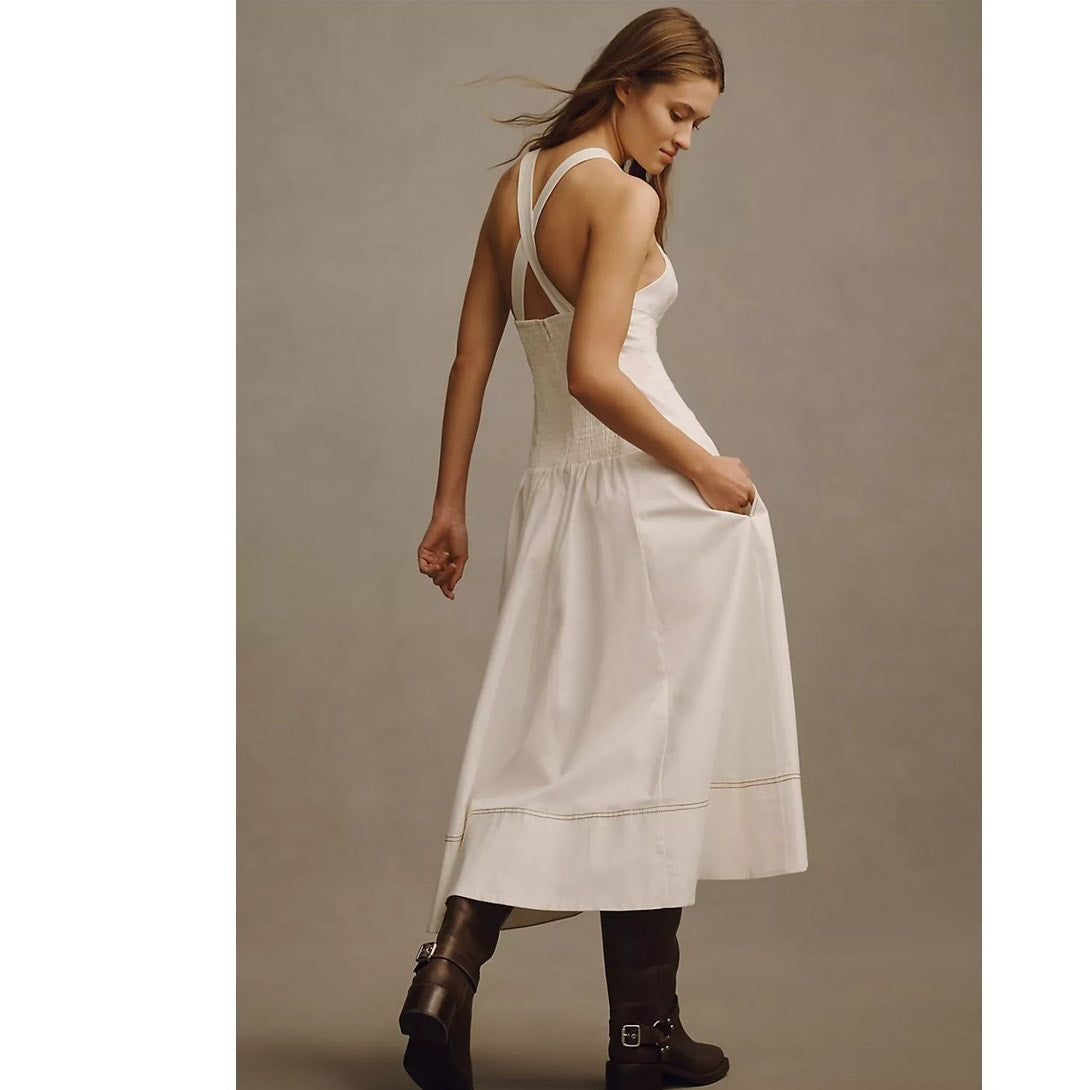 Anthropologie The Kenzie Drop-Waist Midi Dress $178 XL White Smocked Back