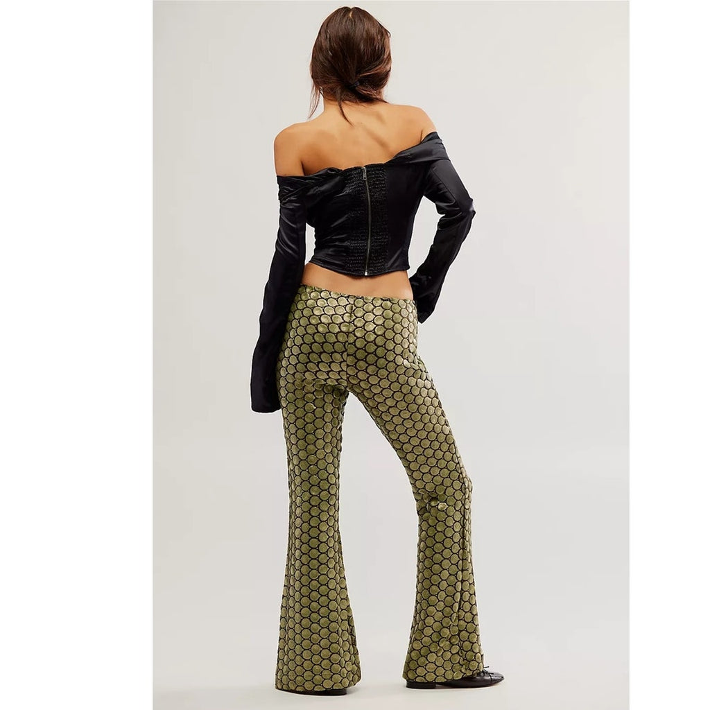 New FREE PEOPLE Wilder Days Sequin Flare Pants  $198 SIZE 4 Gold/Olive
