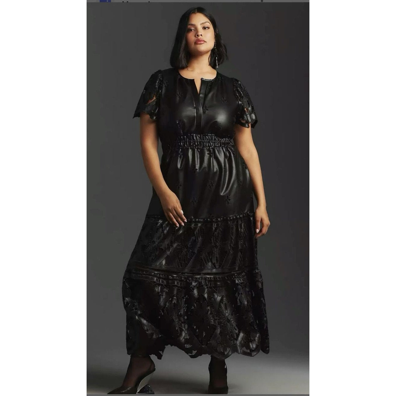 Anthropologie The Somerset Maxi Dress: Faux Leather Embroidered BLACK XXS 00