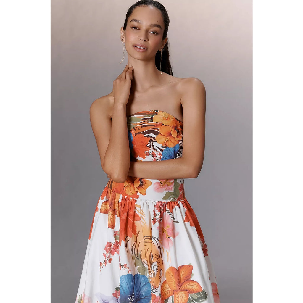 Anthropologie Maeve Strapless Tiger Printed Midi Dress MEDIUM Orange Anthropologie