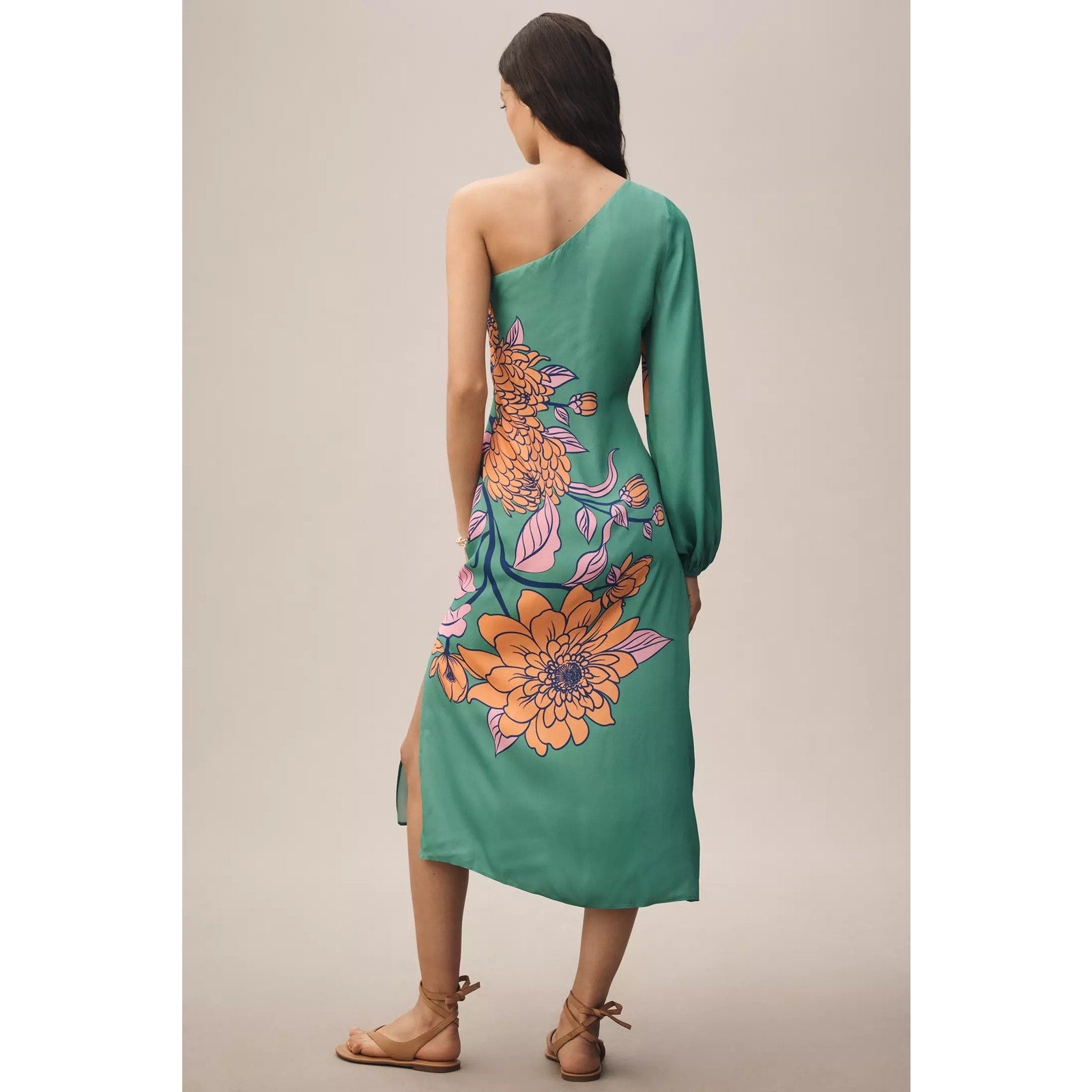 Farm Rio One-Shoulder Floral Midi Dress Large Petite LP Green Pink Anthropologie