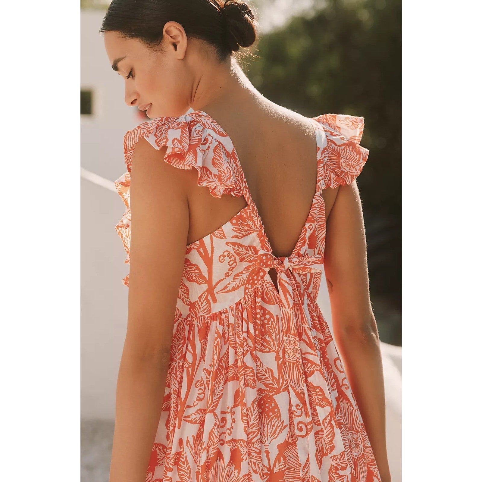 ANTHROPOLOGIE Ro's Garden Cotton Flutter-Sleeve Midi Dress Sz M Orange Anthropologie