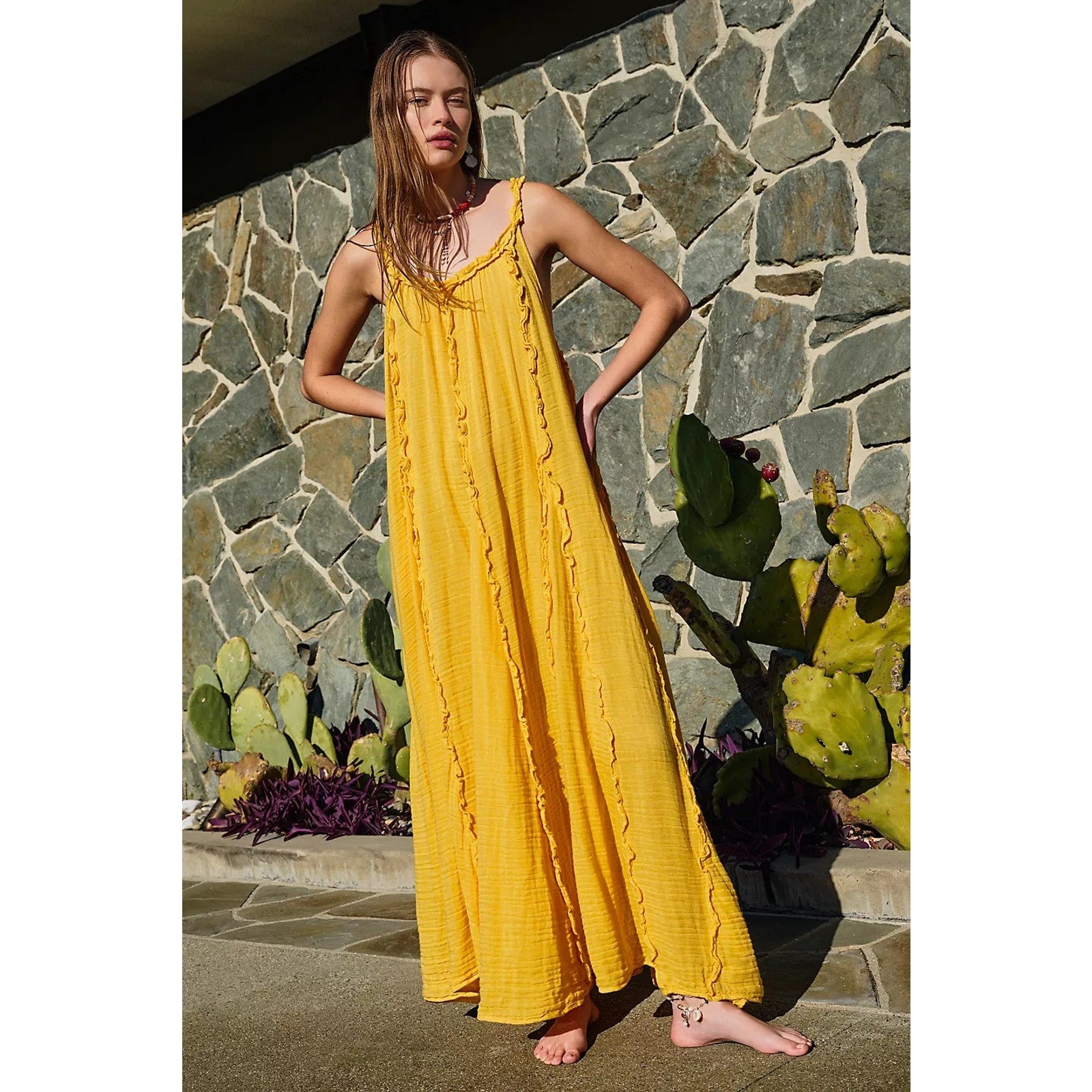 New Free People ENDLESS SUMMER Mckinley Maxi Dress $108 X-SMALL Yellow Boho