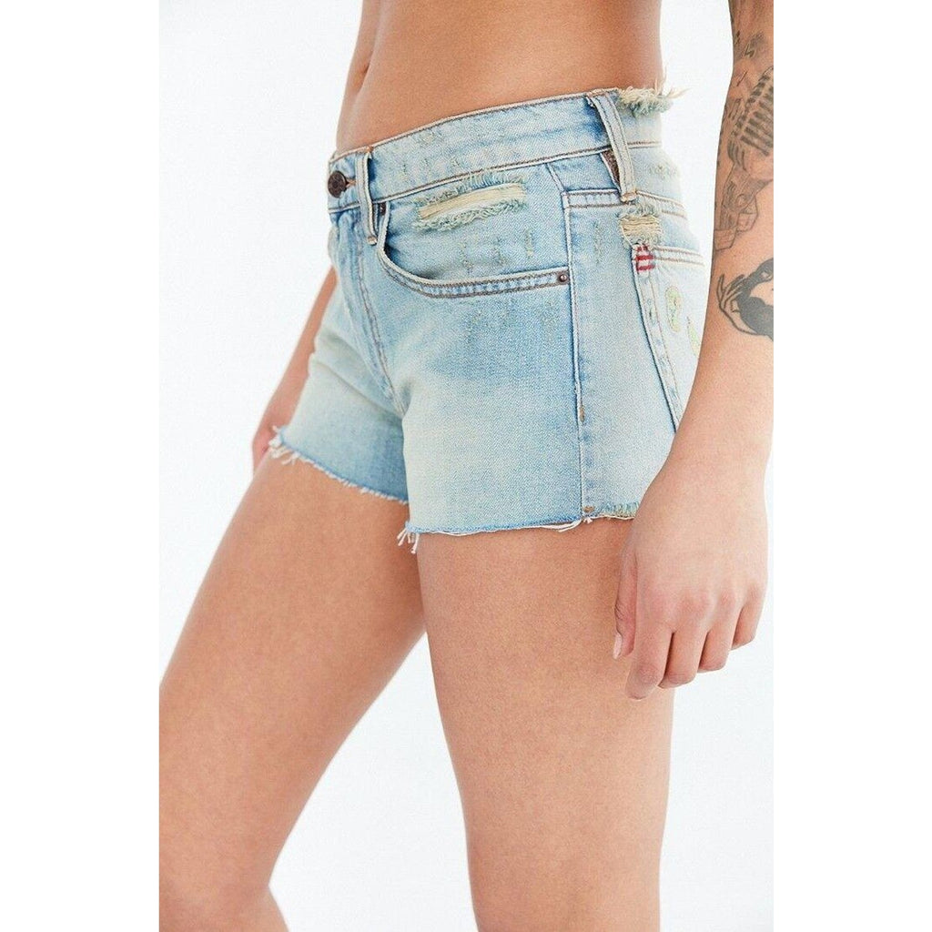 New UO x Bandit Essential Mid-rise Embroidered Denim Short Distressed Size 28