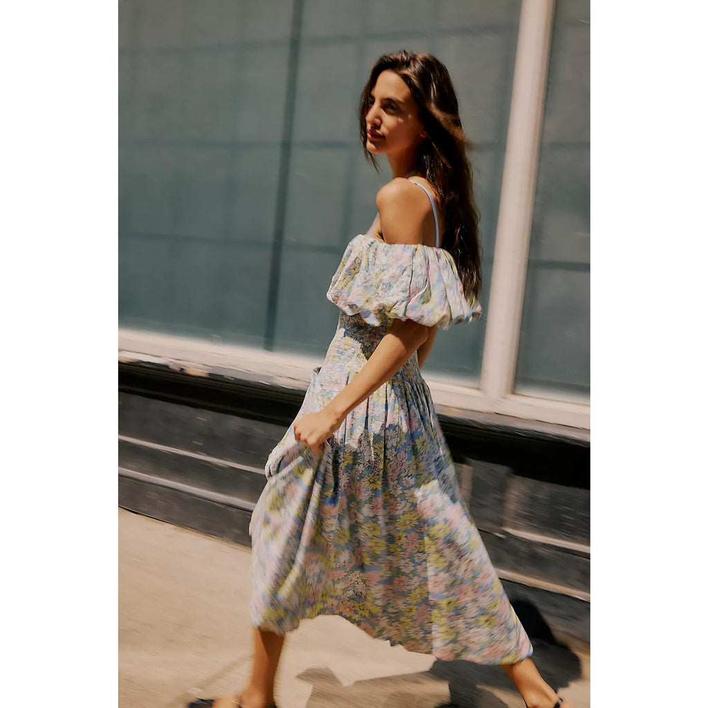 FREE PEOPLE Lewis Maxi Dress SMALL Blue Pastel Combo SMOCKED Free People