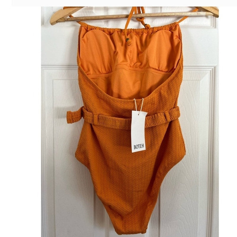 New Free People BOTEH Helios Halter One-Piece Swimsuit $250 X-SMALL Orange Belt