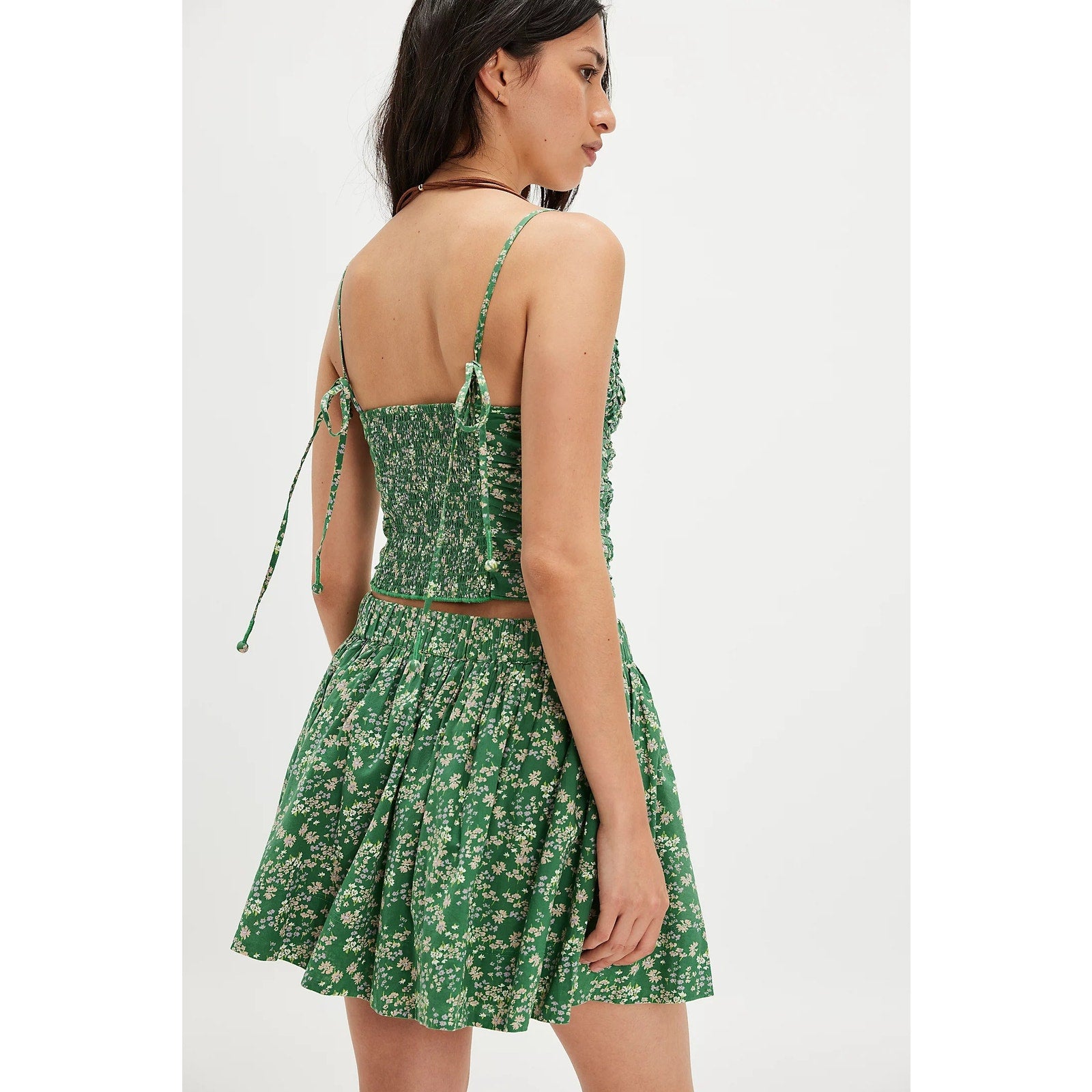FREE PEOPLE Brunch Club Mini Skirt Set MEDIUM Kelly Green Floral Boho Free People