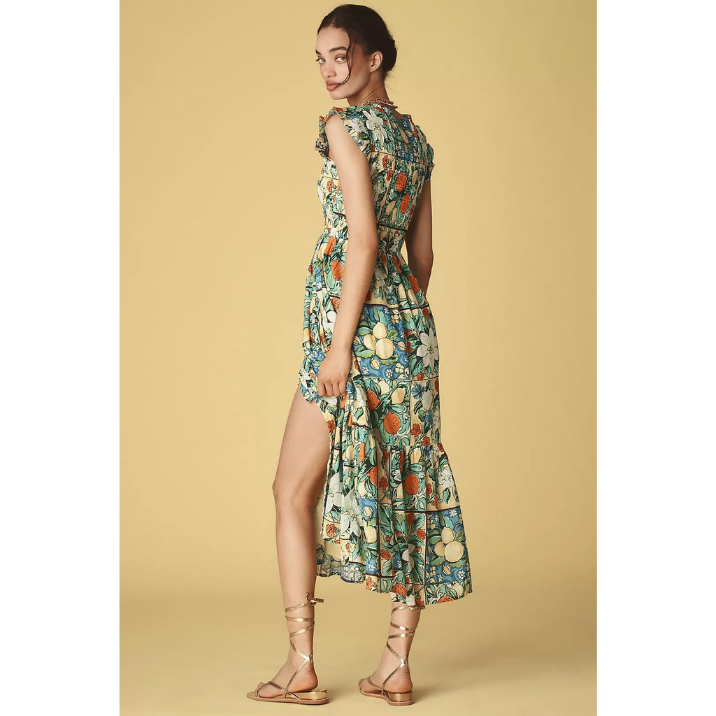 Anthropologie The Peregrine Midi Dress XXS Size 00 Floral Fruit Motif Anthropologie