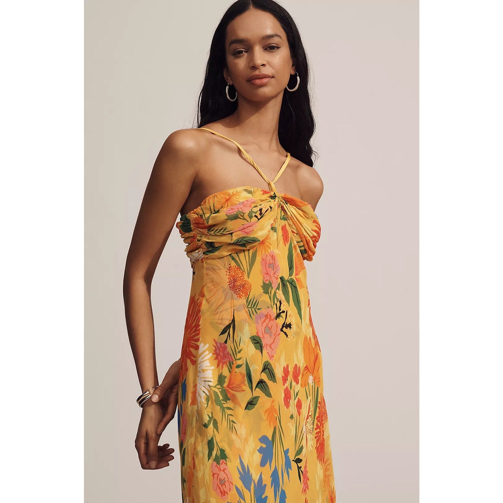 By Anthropologie Halter Slip Midi Dress SMALL Yellow Floral Motif Anthropologie