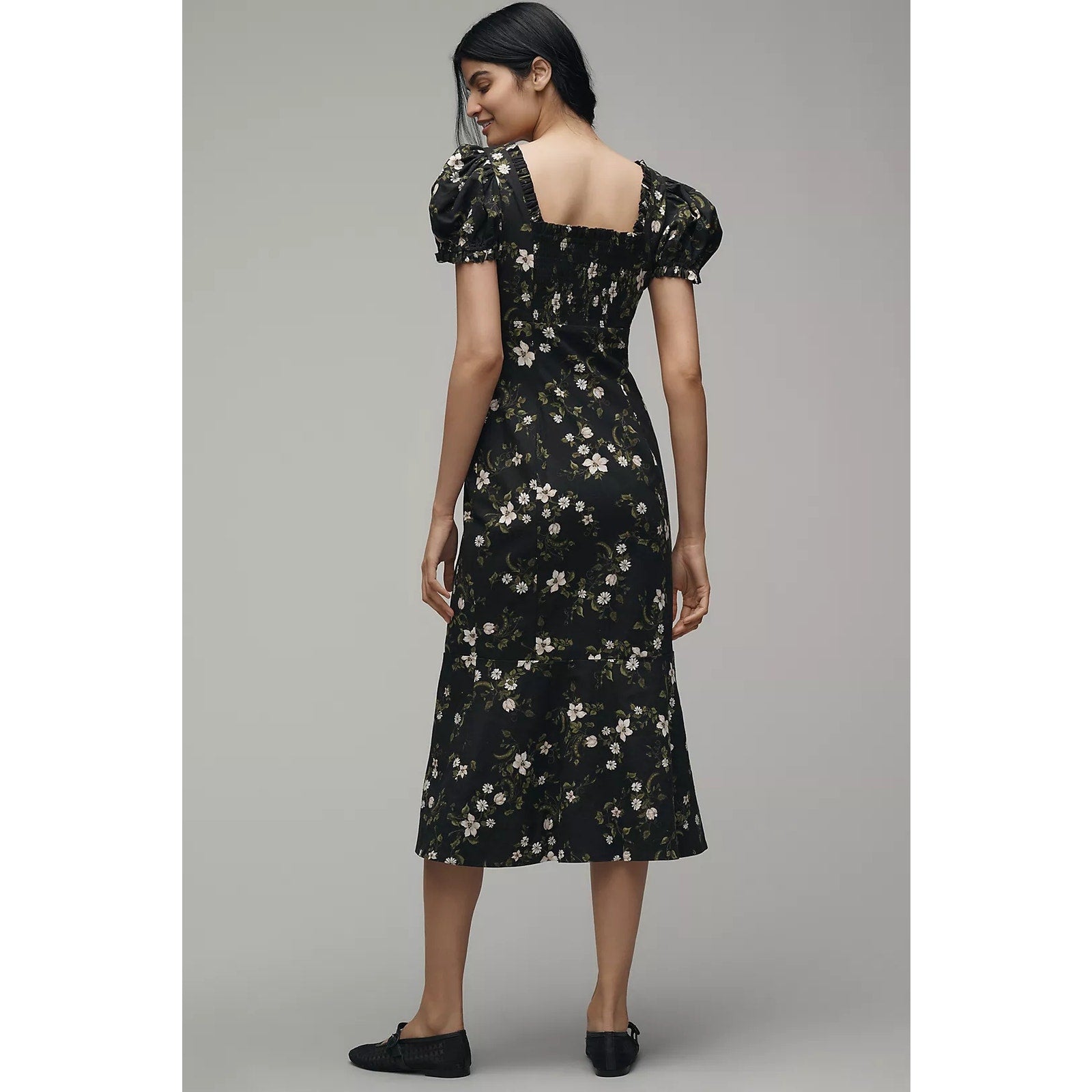 Anthropologie Maeve Linen Blend Puff-Sleeve Sweetheart Midi Dress SMALL Anthropologie