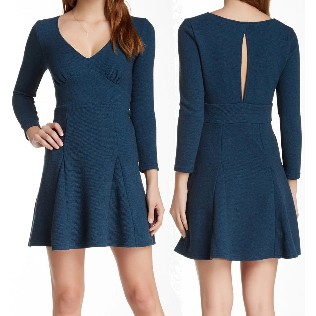 New Free People Heartstopper Fit & Flare Knit Mini Dress $118 XS Blue Teal
