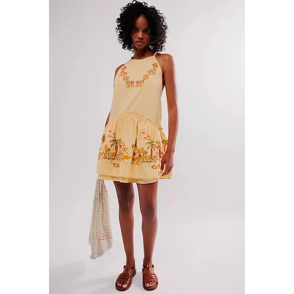 FREE PEOPLE Deserted Island Poplin Mini Dress MEDIUM Apricot Combo Free People