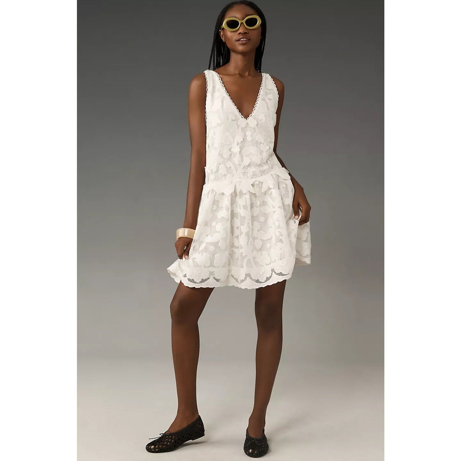New By Anthropologie Sleeveless V-Neck Lace Swing Mini Dress $288 MEDIUM White