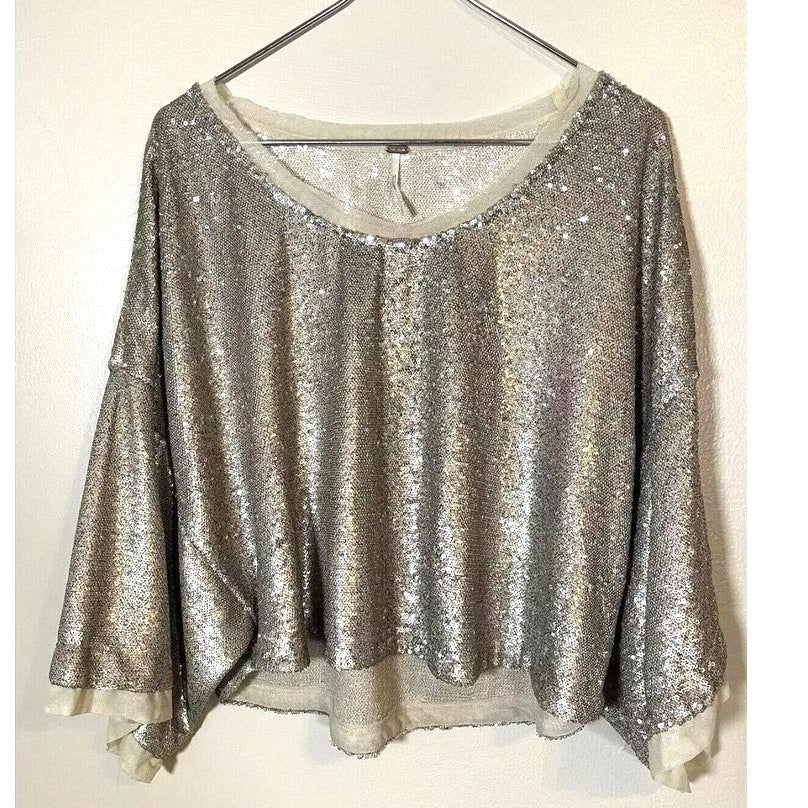 Free People Champagne Dreams Sequins Cropped Glam Tee