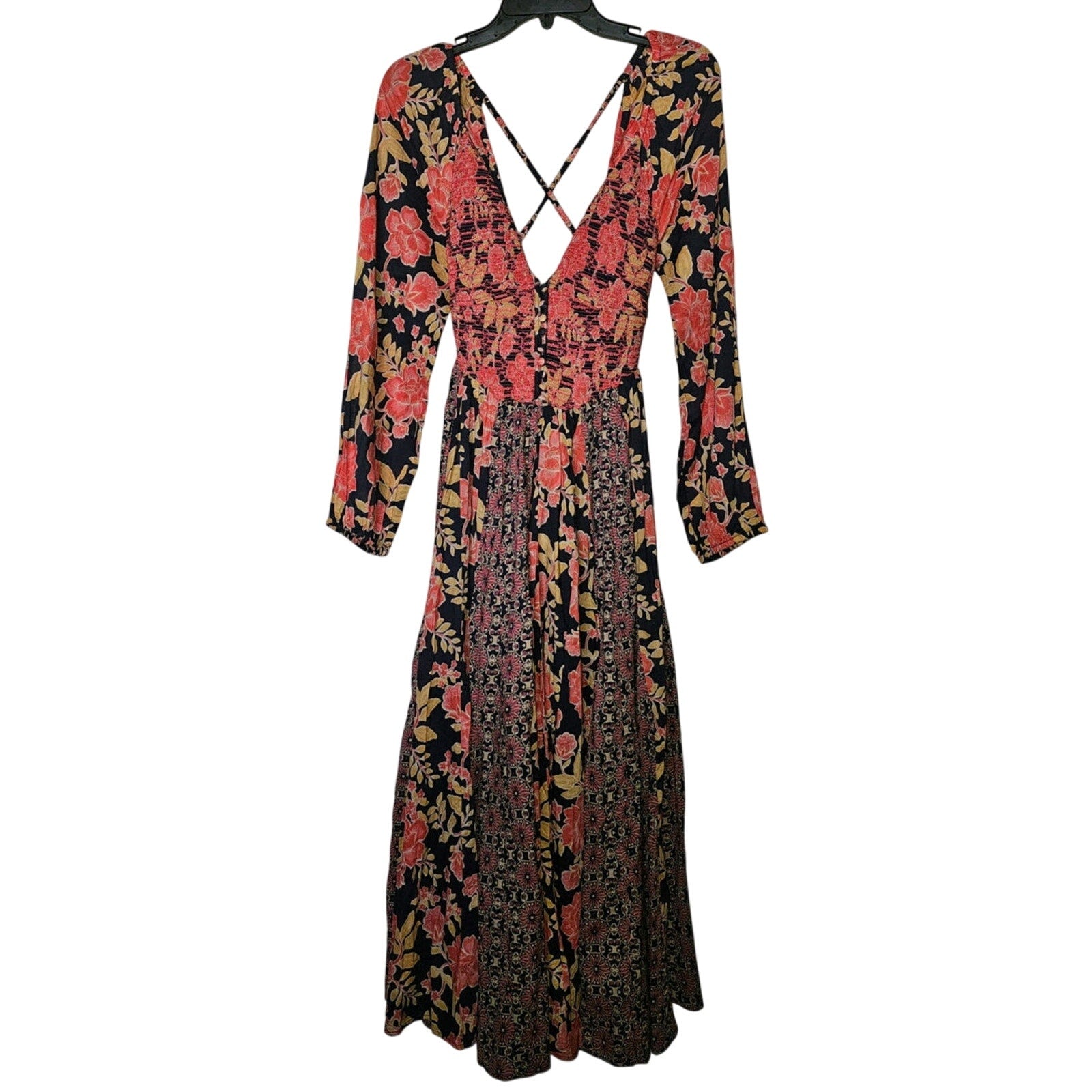New Free People A New Way Floral Maxi Dress $168 SMALL Navy Combo Smocked